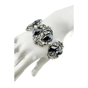 Vintage POME Signed AB & Black Pear Shaped Rhinestone Silver Tone Bracelet